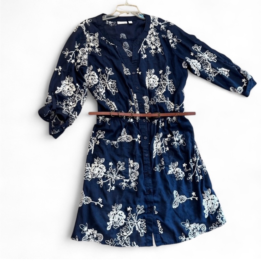 2 Pc Westport Embroidered Shirt Dress Sz 14 Navy Floral Lightweight Belted